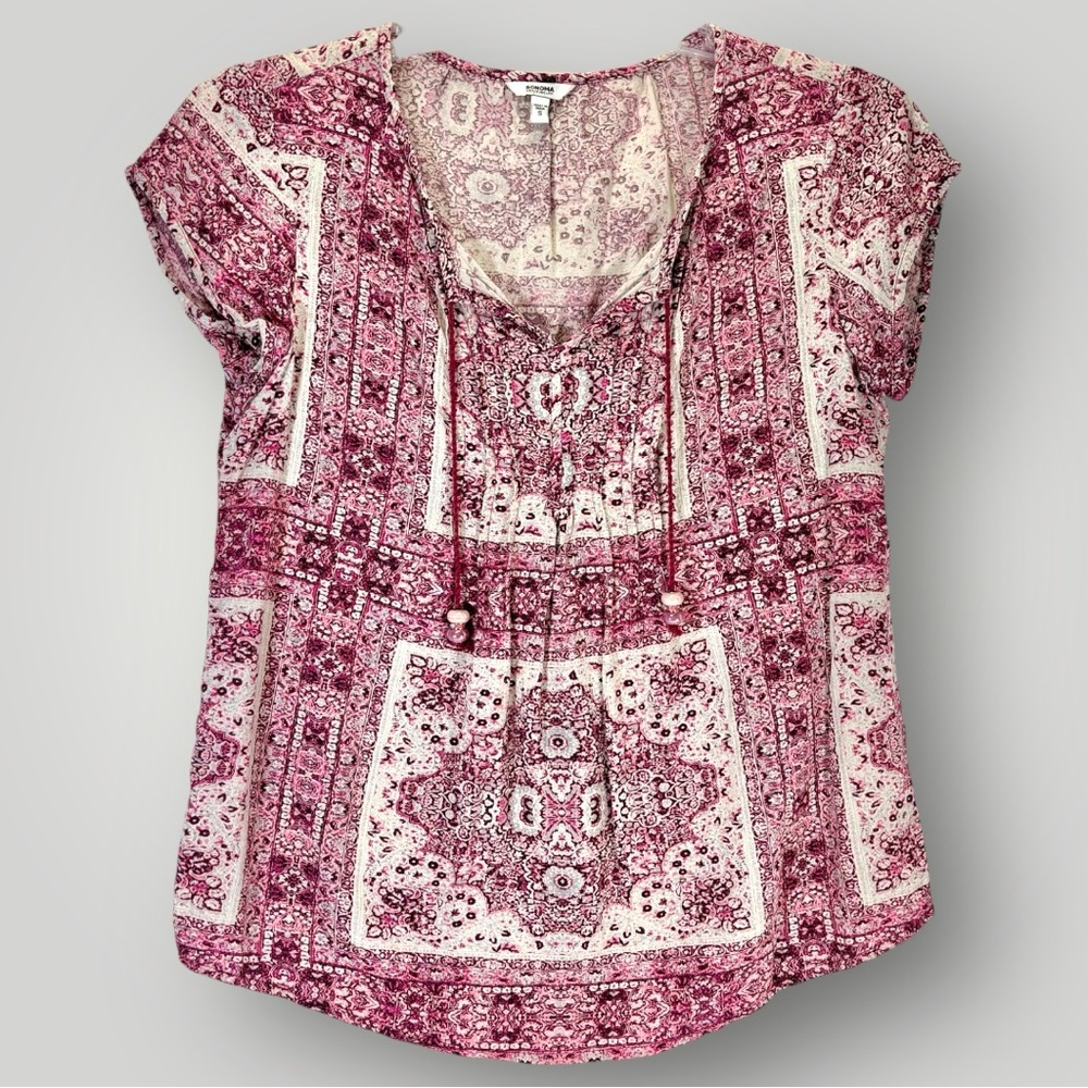 Sonoma Women’s Blouse Top Sz S Patterned Short Sleeve With Tassels